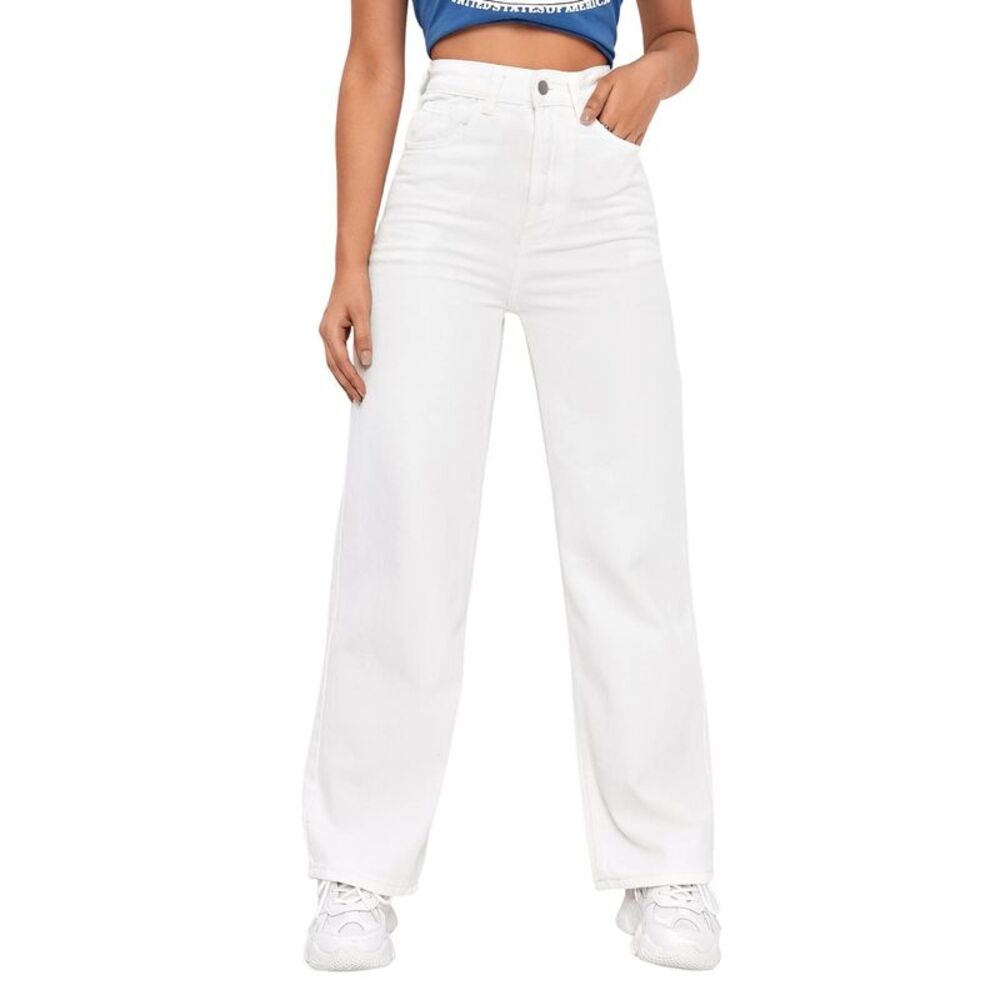 SweatyRocks Womens Casual Loose High Waist Straight Wide Leg Jeans White small
